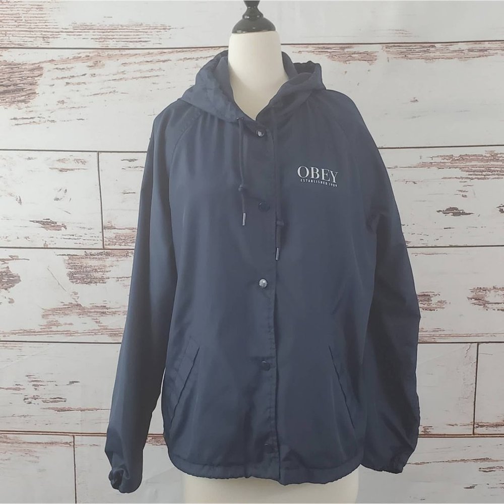 Obey Windbreaker blue snap up hooded L